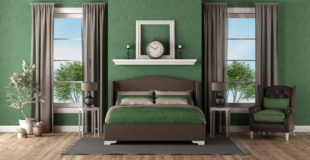 Sypialnia w kolorze butelkowej zieleni