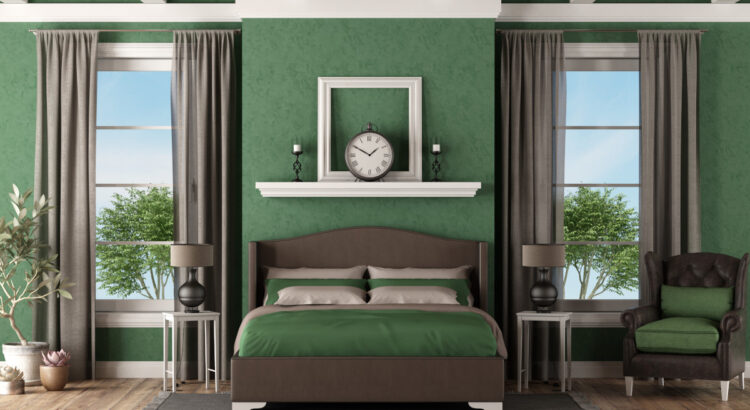 Sypialnia w kolorze butelkowej zieleni - aranżacja sypialni z łóżkiem i ścianami w kolorze butelkowej zieleni